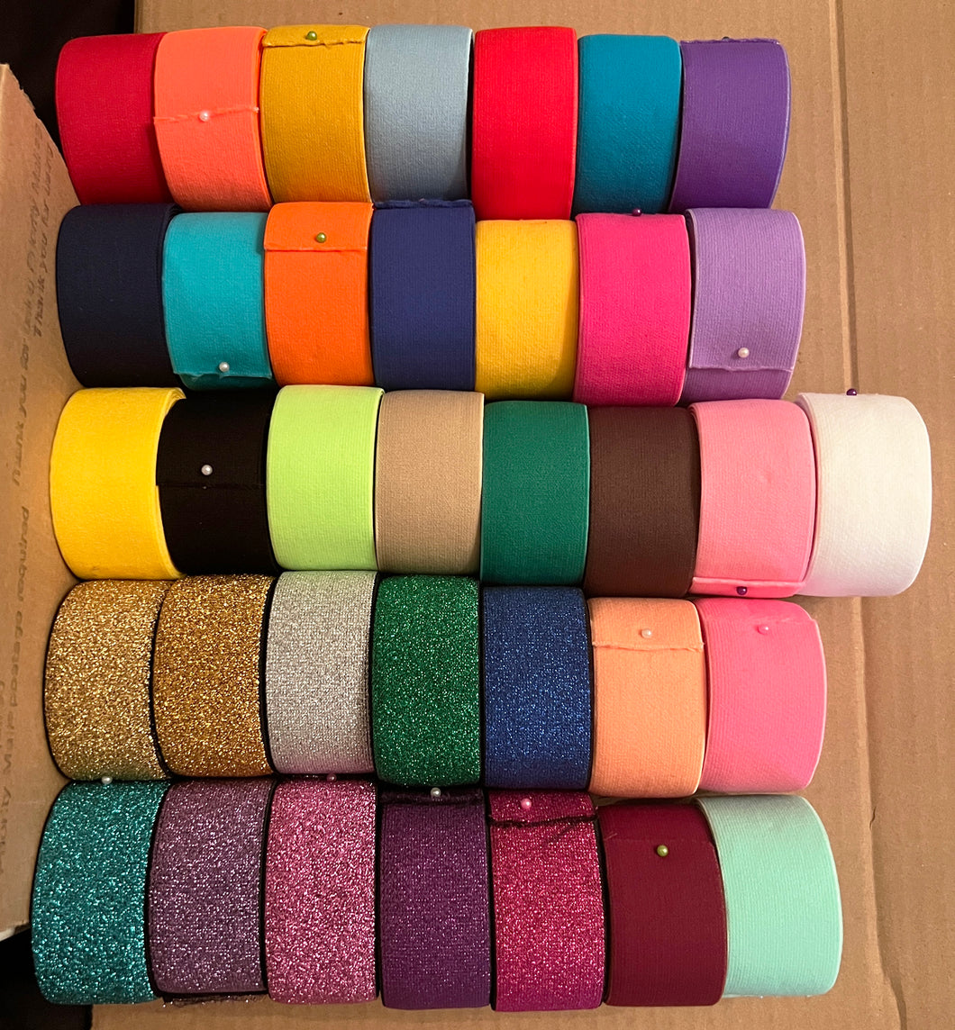 3 YARD Box of SOLID COLORED Elastic Bands (36) 3 yard Rolls - 108 Yards Total