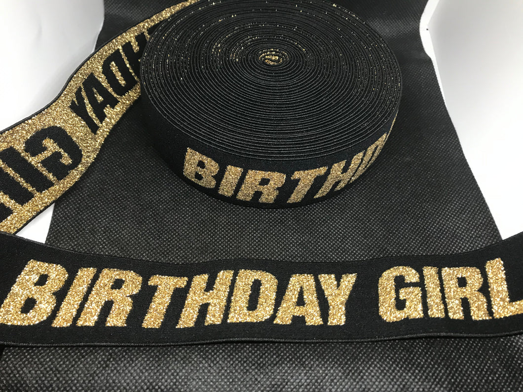 WHOLESALE - Custom Designer Elastic Bands - 1 Yard Roll of 4cm Birthday girl Metallic     Trim