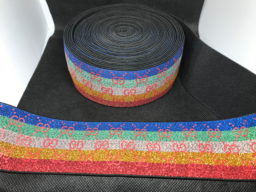 WHOLESALE - Designer Elastic Bands - 1 Yard Roll of 5.5cm Gucci GG Metallic Rainbow      Trim